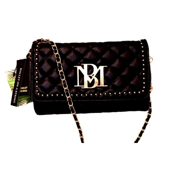 Badgley Mischka Quilted Wallet on a Chain Purse Black Crossbody Gold Studs Glam - Picture 6 of 16